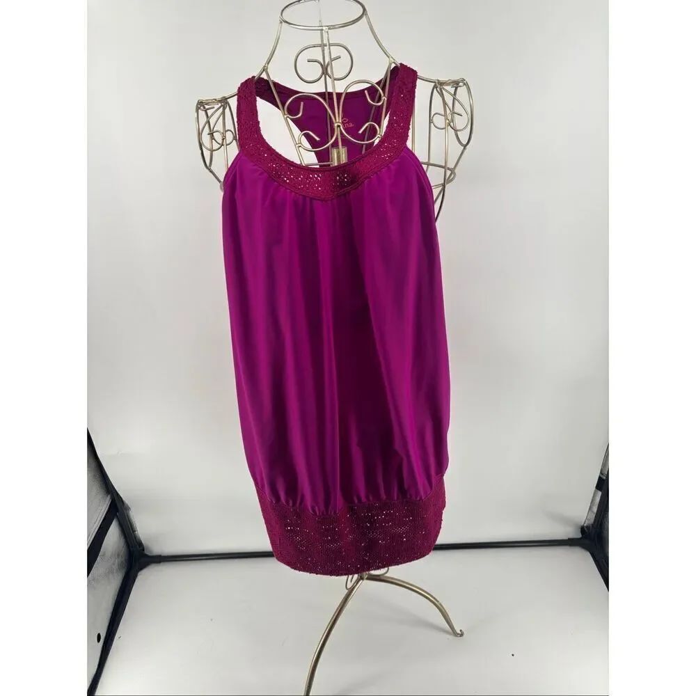 Prana Racerback Tank Crochet Back Embroidered Hem Size XL Hot Pink